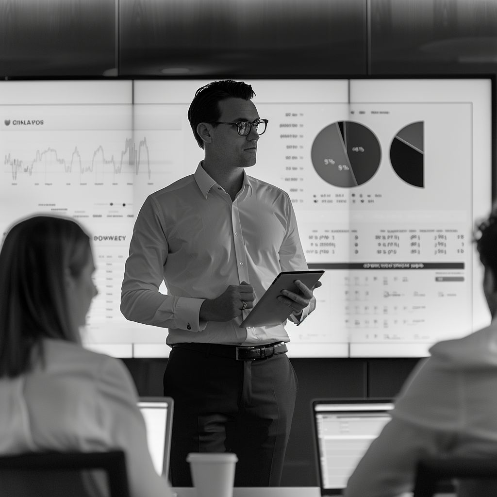 Líder moderno utilizando tecnologia para guiar sua equipe de forma eficaz, representando a transformação digital na liderança